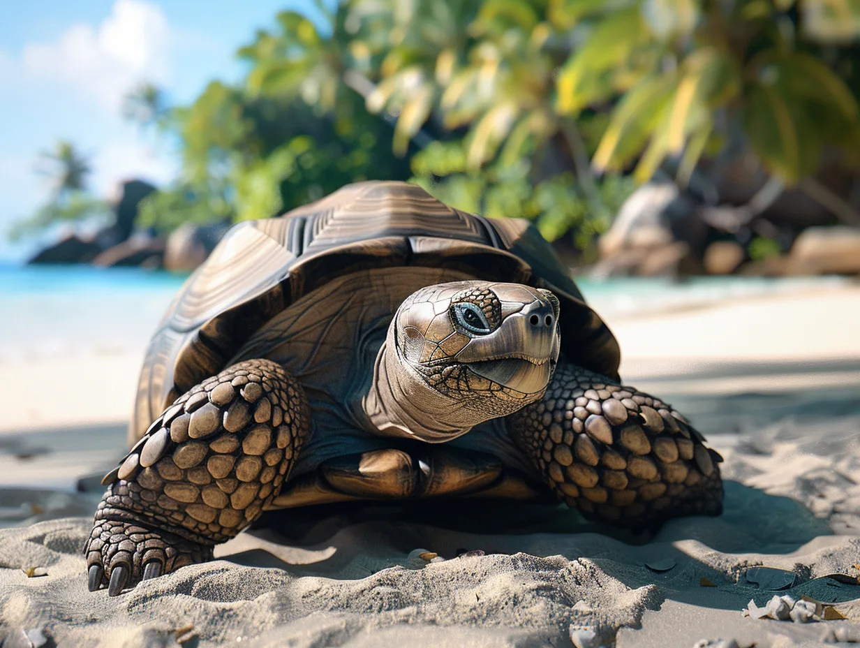 Tortue géante de Madagascar parmi la végétation luxuriante