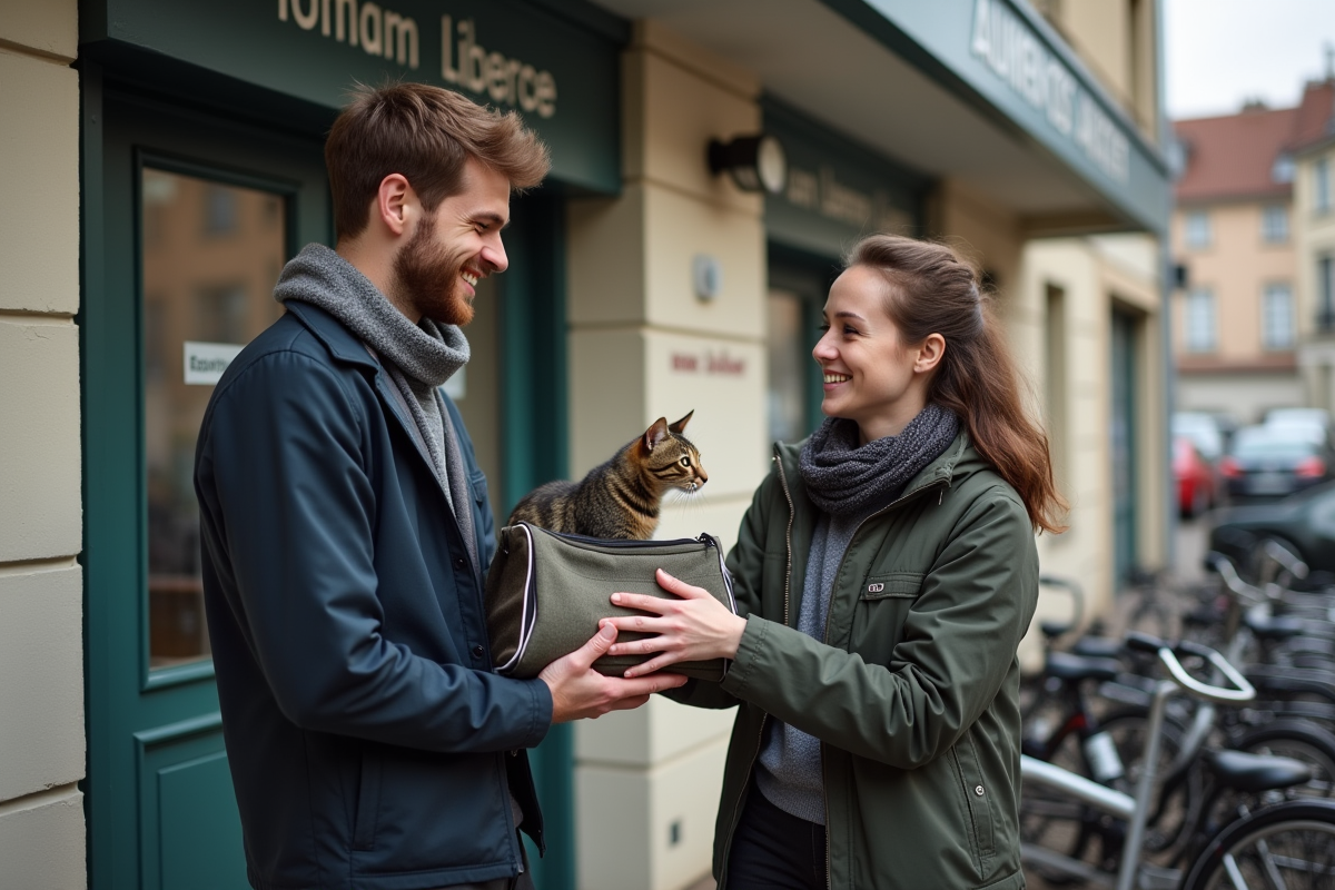 Jeune homme donnant un chat à une employeuse d