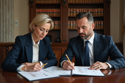 Un homme et une femme en costume examinant des documents officiels