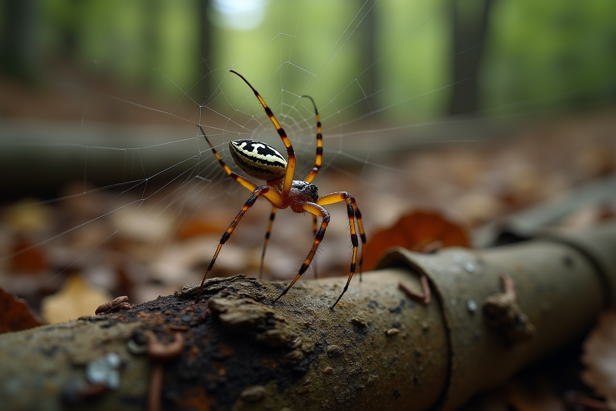 Araignée écouteau tissant sa toile sur un bois cassé