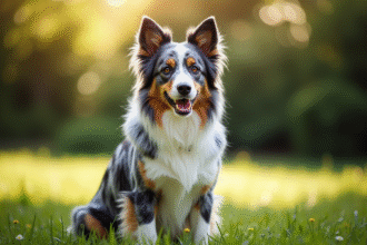 Chien berger australien bleu merle assis dans un jardin ensoleille