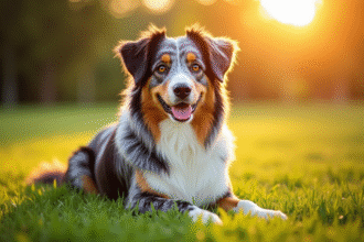 Chien berger australien assis sur une pelouse verte en plein jour