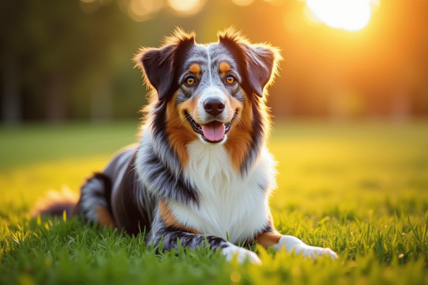 Chien berger australien assis sur une pelouse verte en plein jour