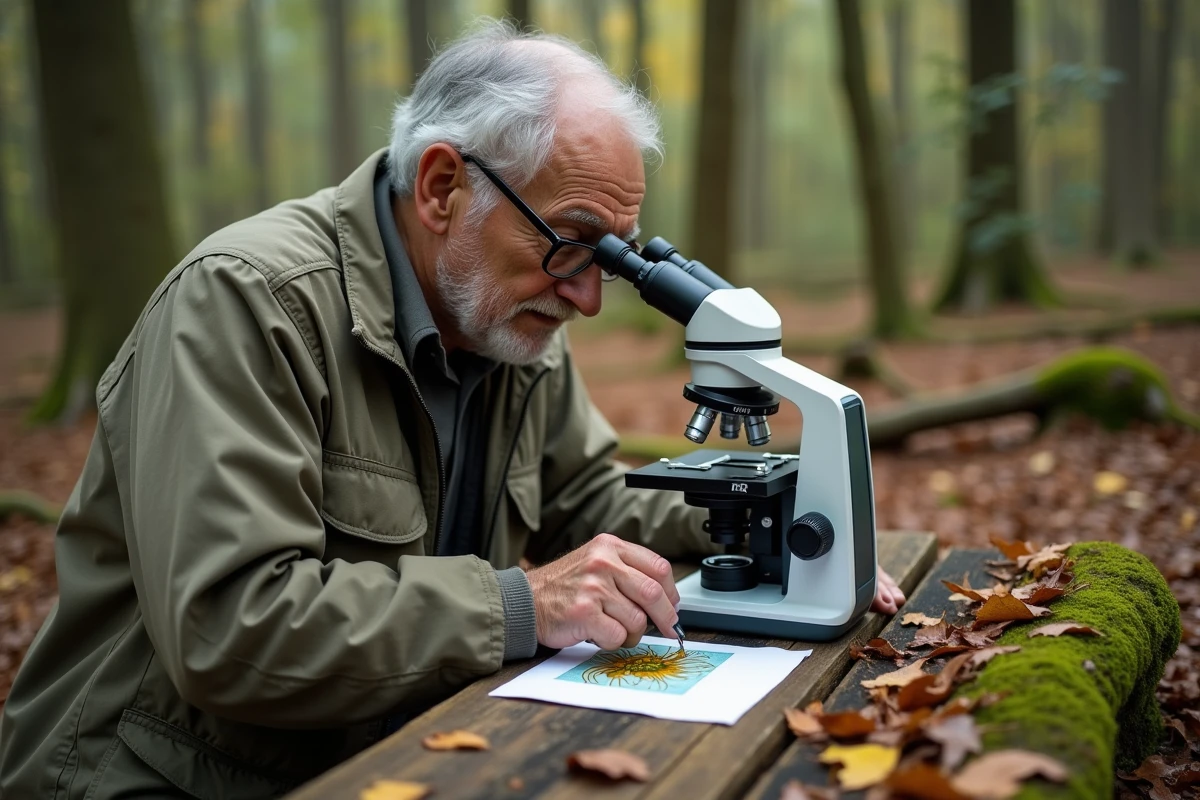 Biologiste examinant un tardigrade au microscope en forêt