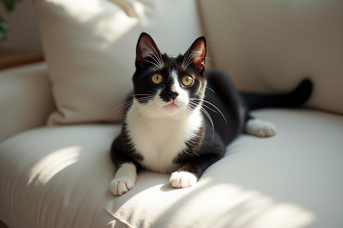 Chat noir et blanc allongé sur un canapé lumineux