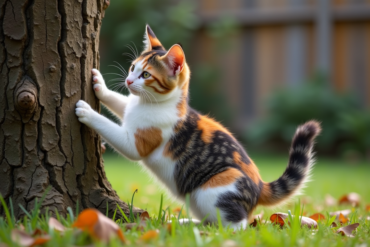Jeune chatte calico grattant un arbre dans un jardin verdoyant