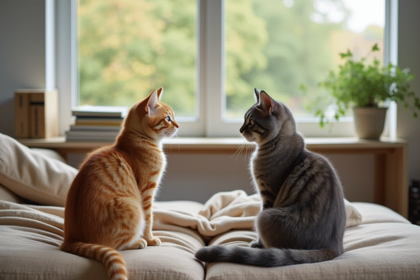 Deux chats domestiques sur un canapé beige dans un salon chaleureux