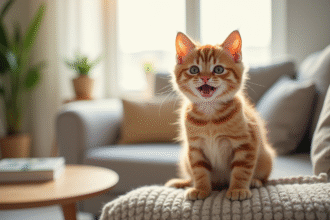 Chat nain assis sur un canapé dans un salon lumineux