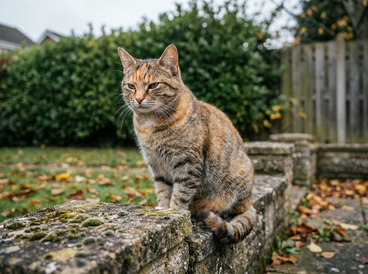 Chat tigré roux en extérieur assis sur un muret de jardin dans un environnement naturel et verdoyant
