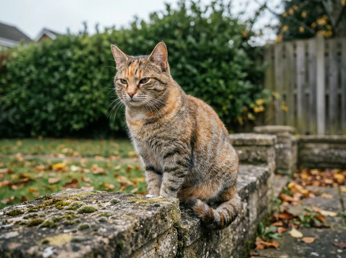 Chat tigré roux en extérieur assis sur un muret de jardin dans un environnement naturel et verdoyant