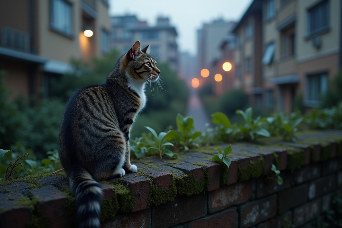 Chat gris perchée sur un mur de jardin au crépuscule dans la ville