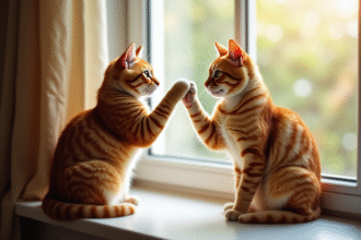 Chat roux levant la patte sur le rebord de fenêtre en intérieur