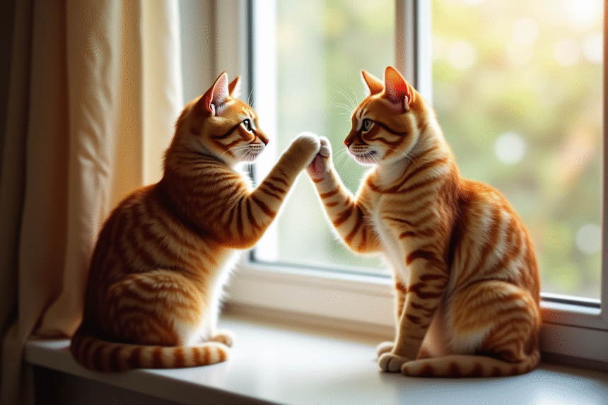 Chat roux levant la patte sur le rebord de fenêtre en intérieur