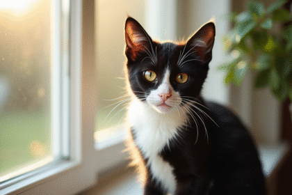 Chat noir et blanc sur une fenêtre en lumière naturelle