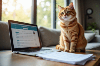 Chat orange assis sur un canapé lumineux avec documents d'assurance