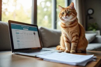 Chat orange assis sur un canapé lumineux avec documents d'assurance