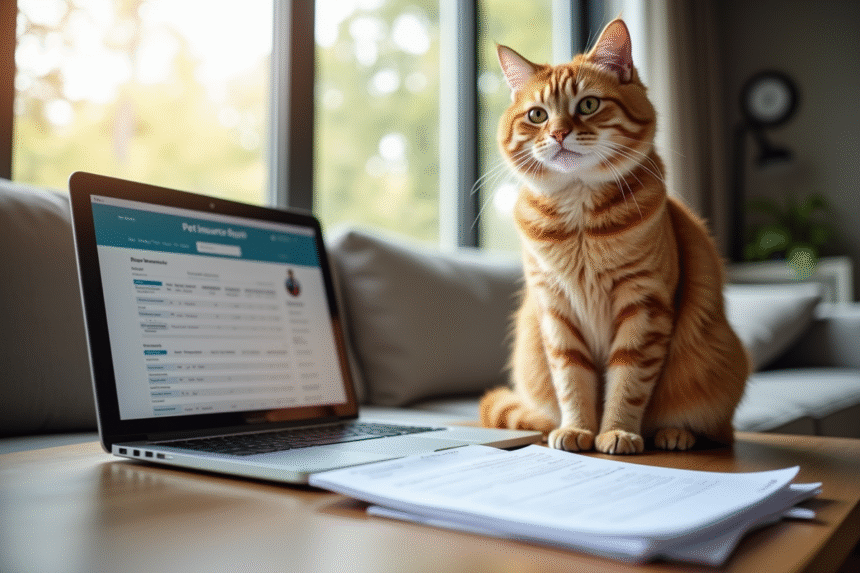 Chat orange assis sur un canapé lumineux avec documents d'assurance