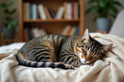 Chat tigré âgé dormant paisiblement sur une couverture beige
