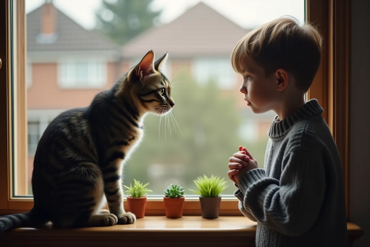 Chat anxieux sur le rebord de la fenêtre avec un garçon inquiet