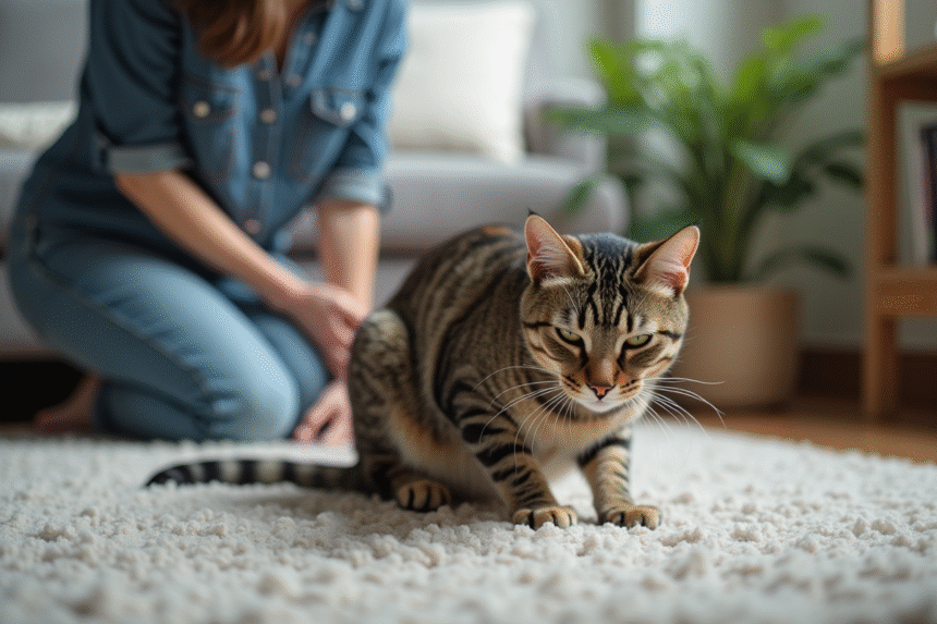 Chat tabby inquiet sur un tapis de salon avec une femme attentive