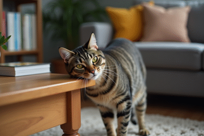 Chat tabby adulte se frottant contre une table en bois dans un intérieur cosy