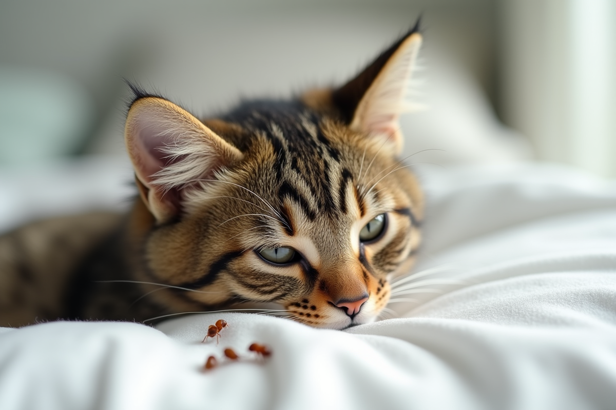 Gros plan sur un chat tacheté avec des puces visibles sur le coussin