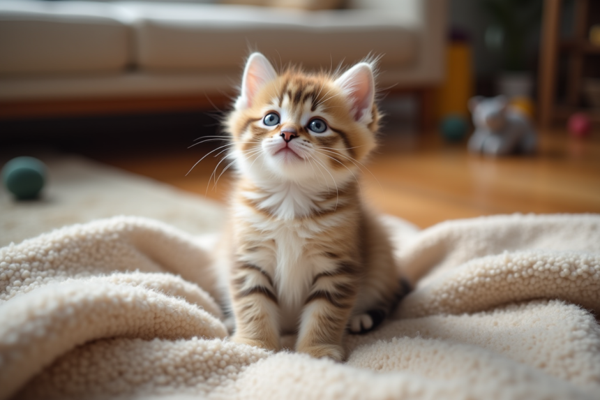 Chaton blanc curieux assis sur une couverture beige