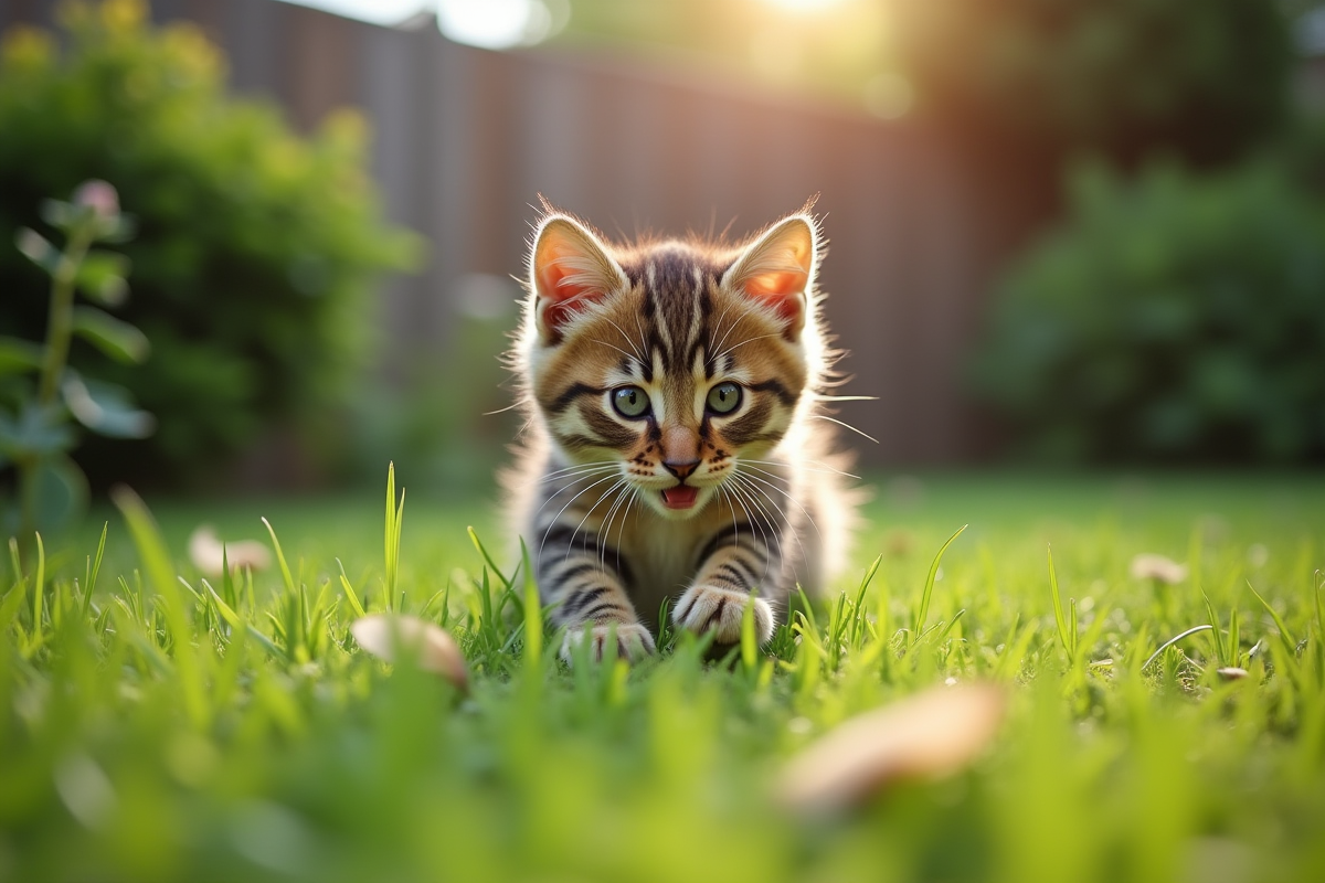 Chaton tigré jouant avec une plume dans un jardin verdoyant