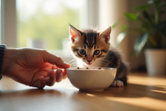 Chaton nourri à la main dans un cadre naturel