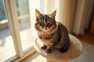 Chaton tabby sur arbre à chat beige en lumière naturelle