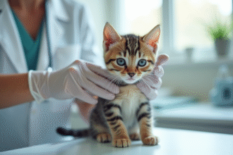 Jeune chaton tigré sur une table d'examen vétérinaire