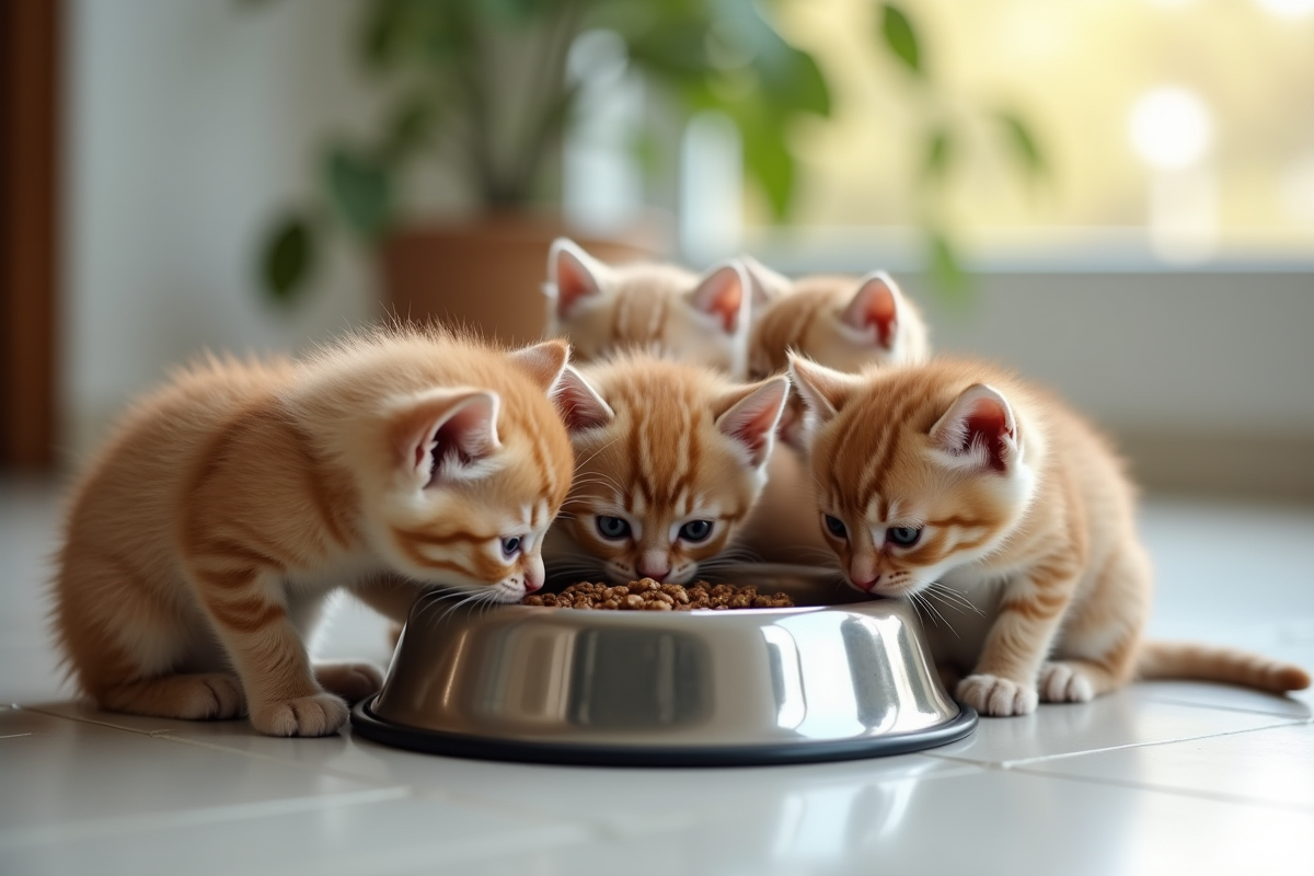 Plusieurs chatons mangeant dans un bol en acier inoxydable