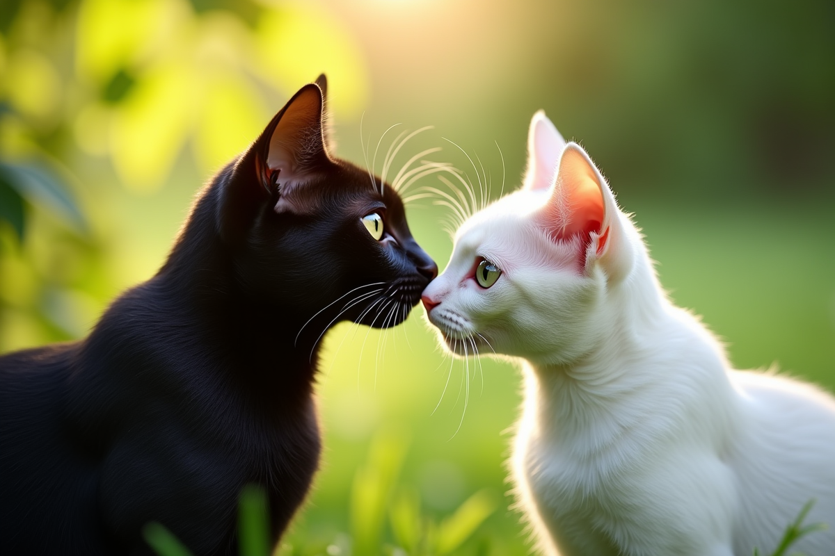 Chat noir et chat blanc se touchant le nez dans un jardin vert