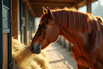 Cheval chataigne mangeant du foin dans une stalle lumineuse