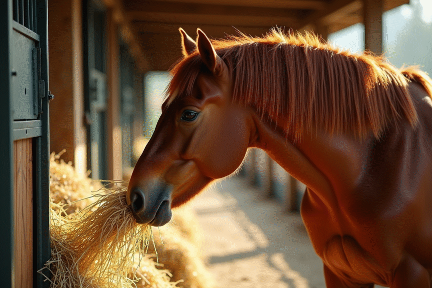 Cheval chataigne mangeant du foin dans une stalle lumineuse