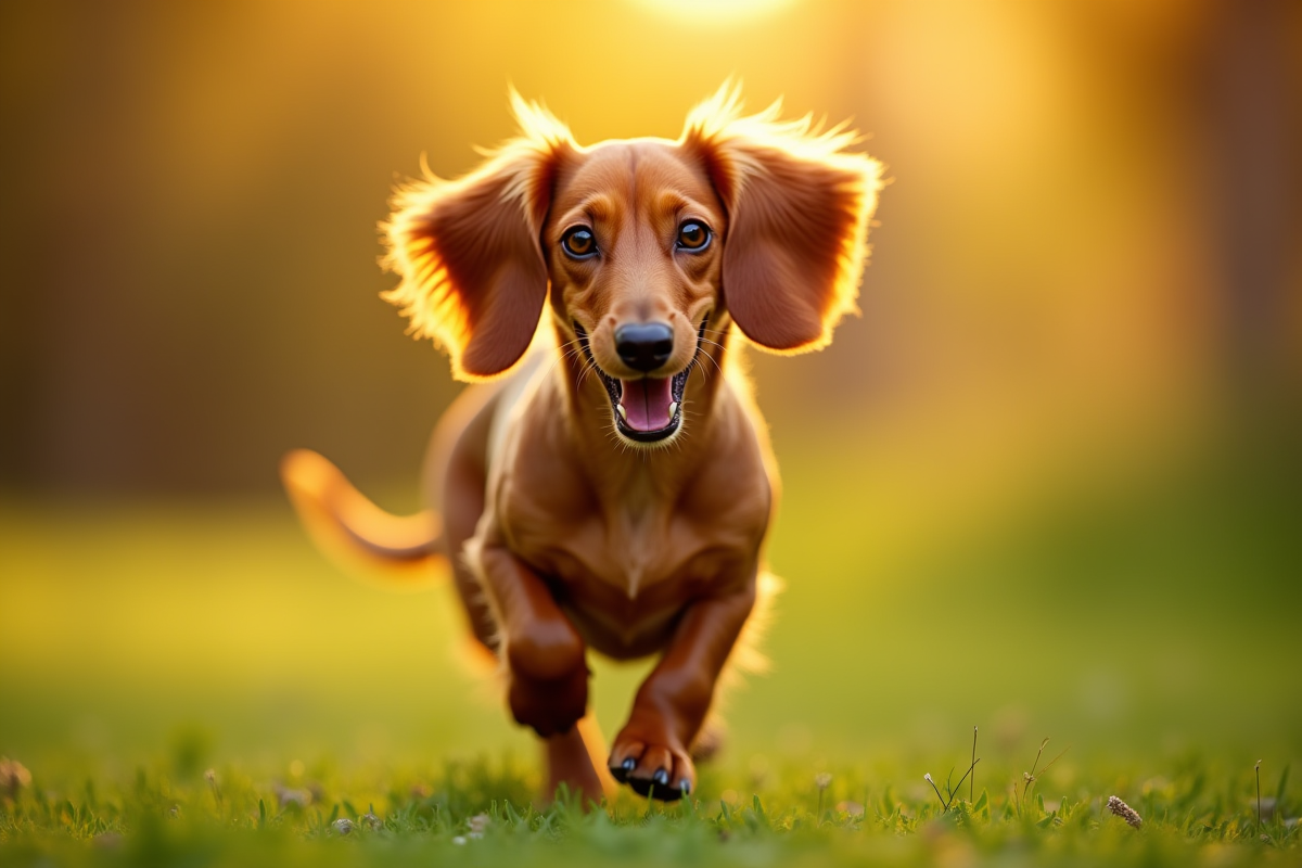 Chien dachshund adulte courant en extérieur au coucher du soleil