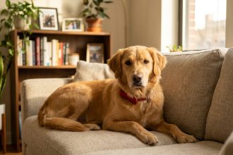 Chien d'appartement golden retriever allongé sur un canapé dans un salon moderne et confortable