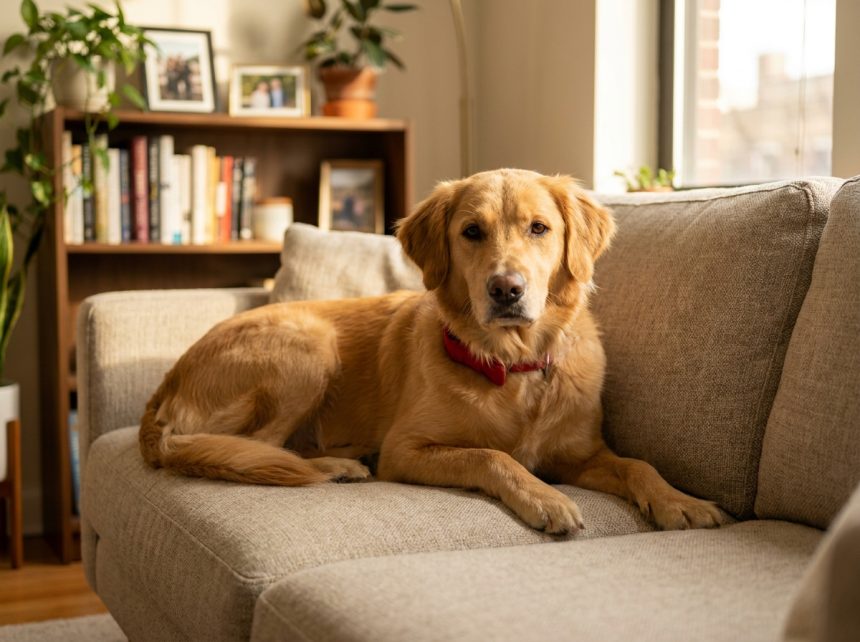 Chien d'appartement golden retriever allongé sur un canapé dans un salon moderne et confortable