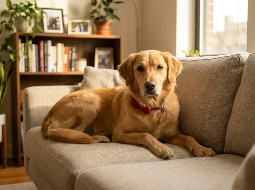 Chien d'appartement golden retriever allongé sur un canapé dans un salon moderne et confortable