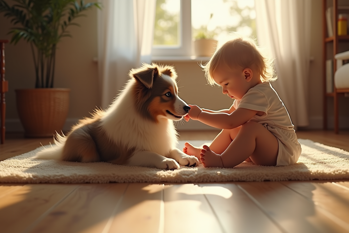 Chien Australian Shepherd dans le salon avec un enfant qui le caresse