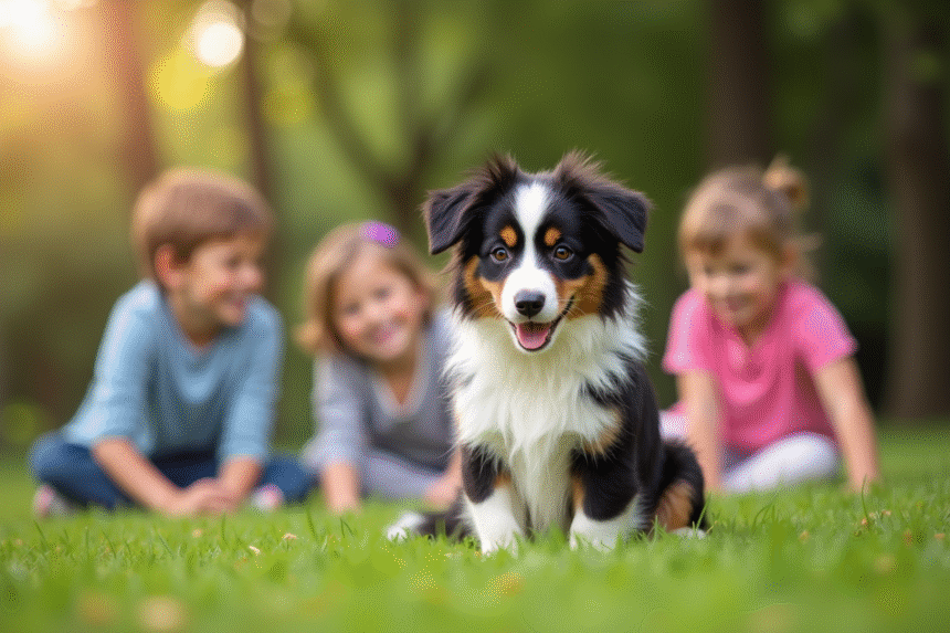 Mini Australian Shepherd avec enfants jouant dans le jardin