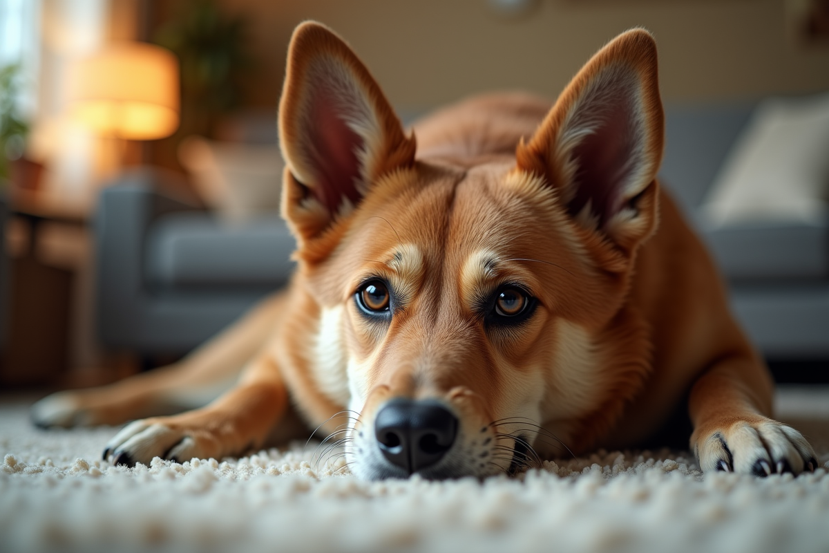 Chien mâle allongé confortablement dans un salon lumineux