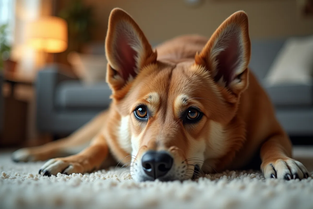 Chien mâle allongé confortablement dans un salon lumineux
