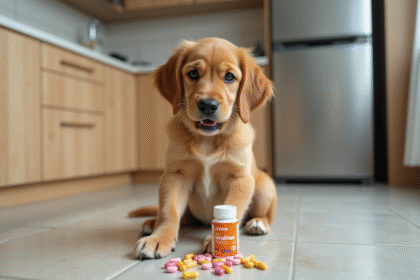 Jeune golden retriever inquiet près de vitamines éclaboussées