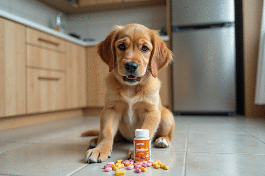 Jeune golden retriever inquiet près de vitamines éclaboussées
