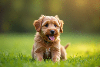 Chien joueur au pelage brillant en extérieur sur l'herbe verte