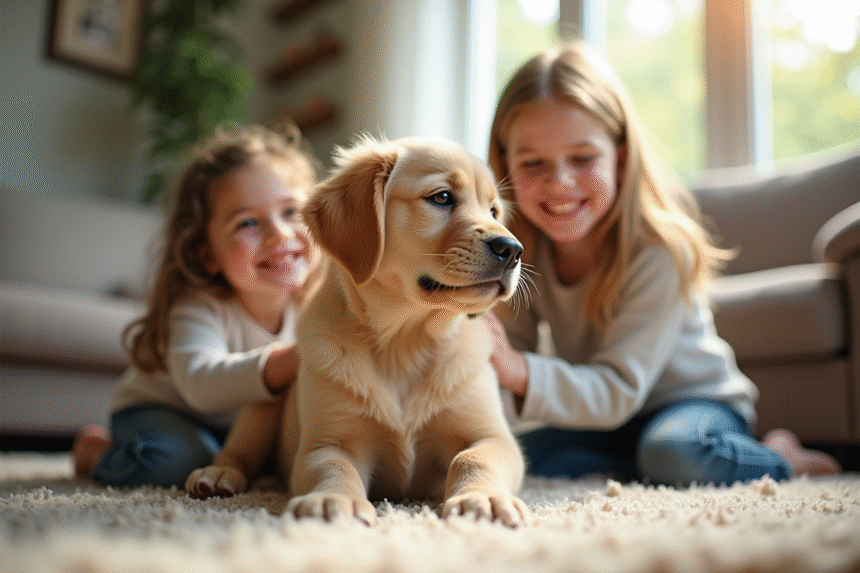 Labrador nain dans le salon avec enfants qui le caressent