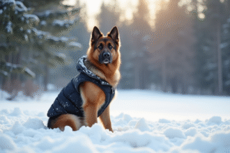 Chien loup allemand et Newfoundland dans la neige matinale
