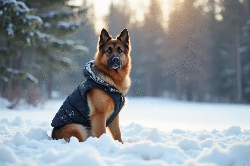 Chien loup allemand et Newfoundland dans la neige matinale