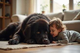 Chien Newfoundland allongé dans le salon avec un enfant